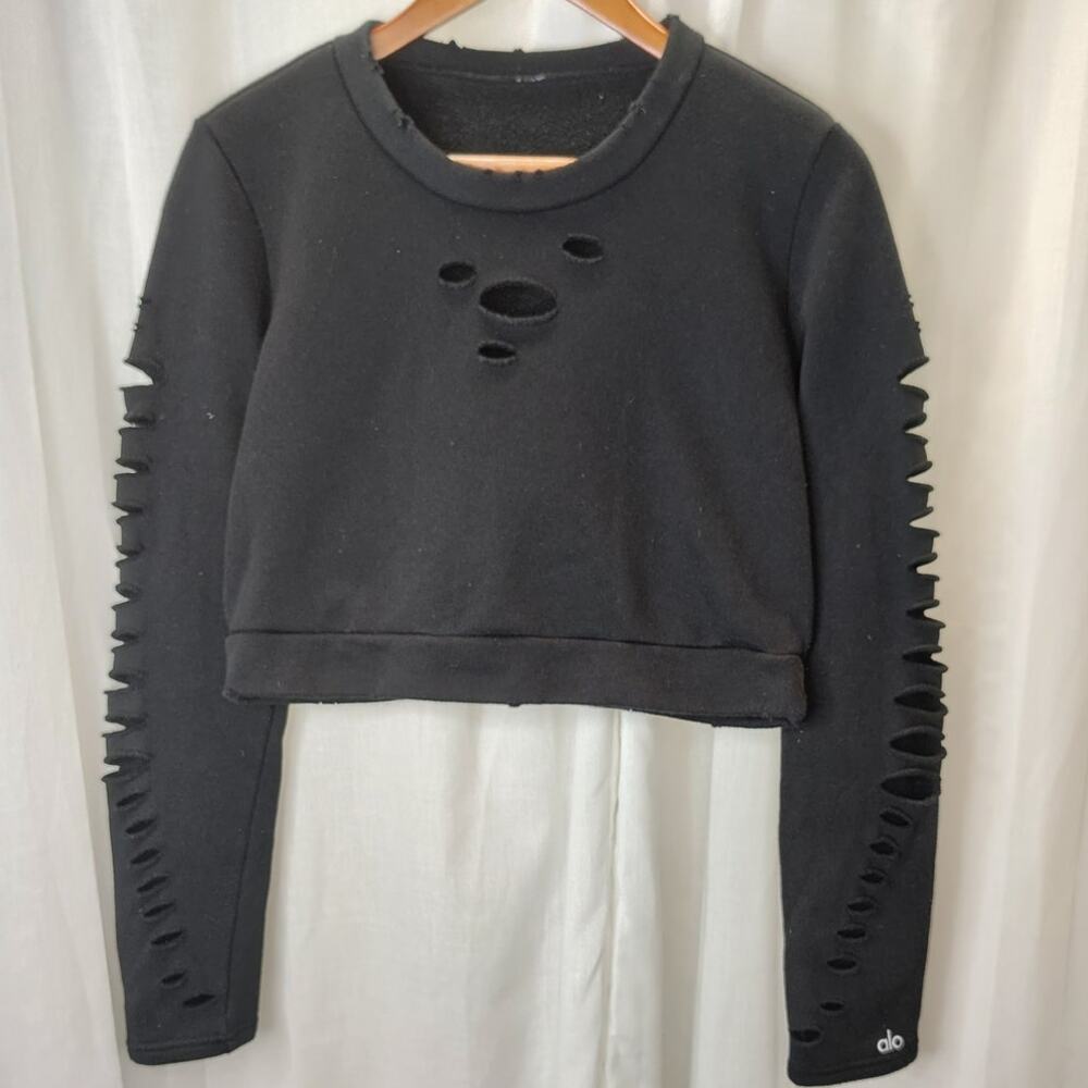 alo Black Cropped Crewneck Sweathsirt with distressing, xs